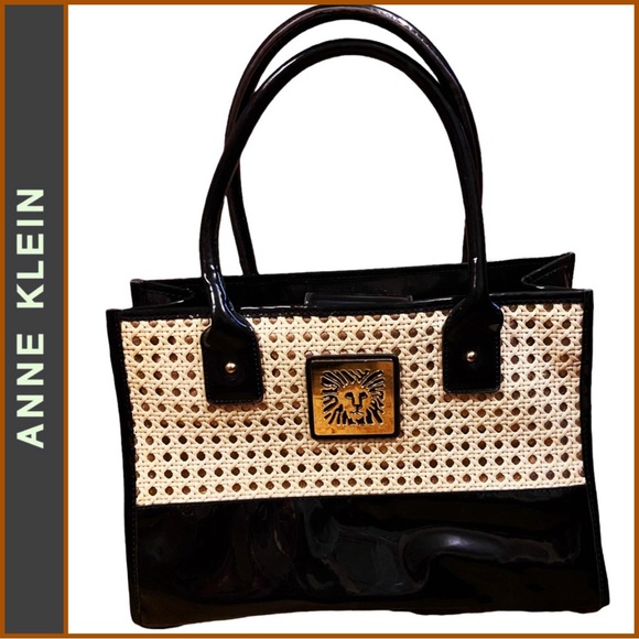 Ann Klein Wicker and Black Patent Leather Handbag - Picture 1 of 10